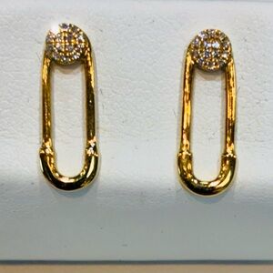 14k Solid Yellow Gold x Pavé Diamond Safety Pin Stud Earrings Holiday Gift!
